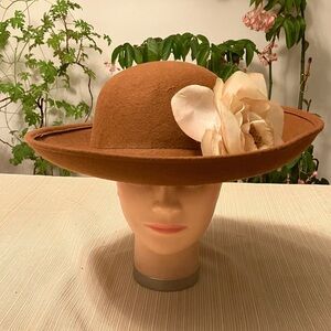 Elegant Copper Brown Wool Hat with Beige Mix Flower Accent